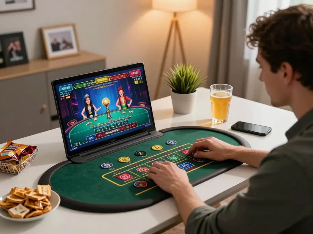 Player enjoying online casino games on laptop, showcasing sunwin gaming interface at home