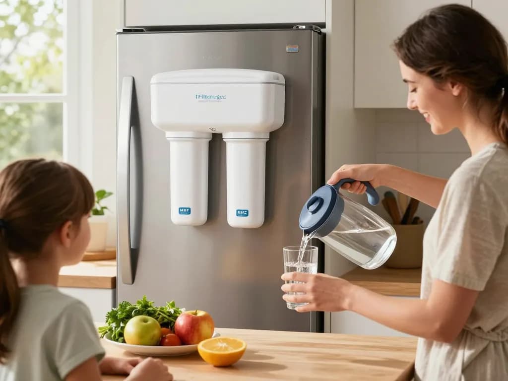 Family enjoying fresh water using the Filterlogic LT1000PC ADQ747935 MDJ64844601 NSF Certified Refrigerator Water Filter and Air Filter in a bright kitchen.