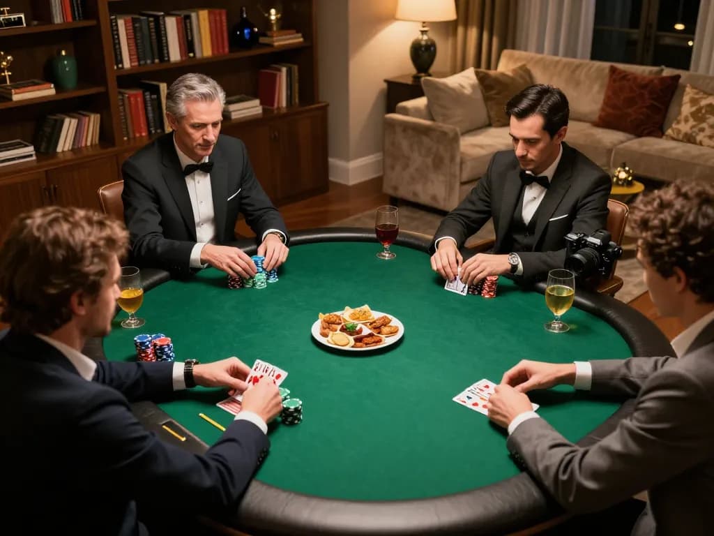 Players enjoying qq88 poker game with chips and cards amid warm, inviting home atmosphere.