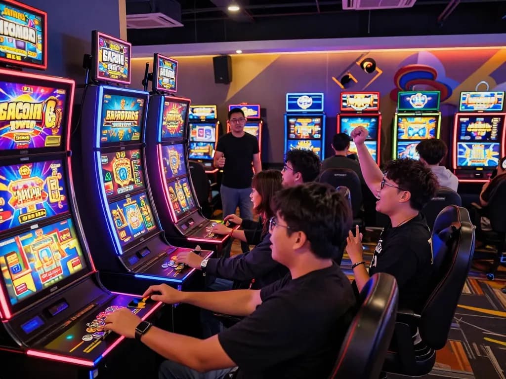 Players enjoying SLOT GACOR in a vibrant gaming lounge with colorful slot machines.