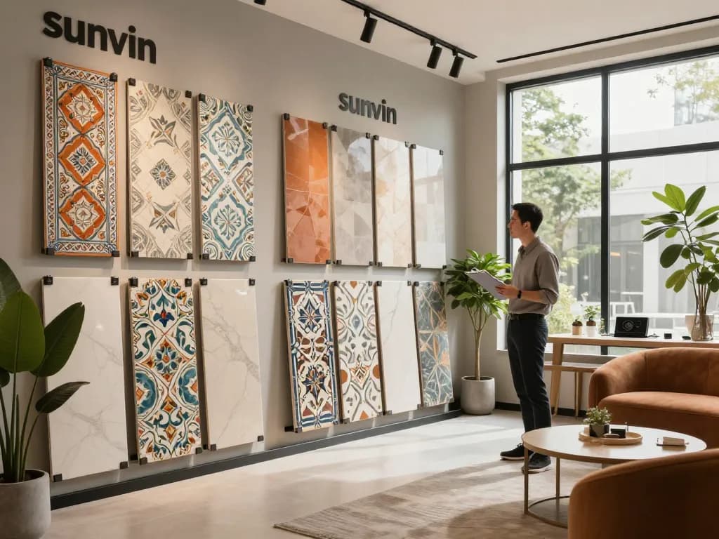 Sunvin premium ceramic tiles displayed in a luxurious showroom environment, depicting variety and elegance for discerning customers.