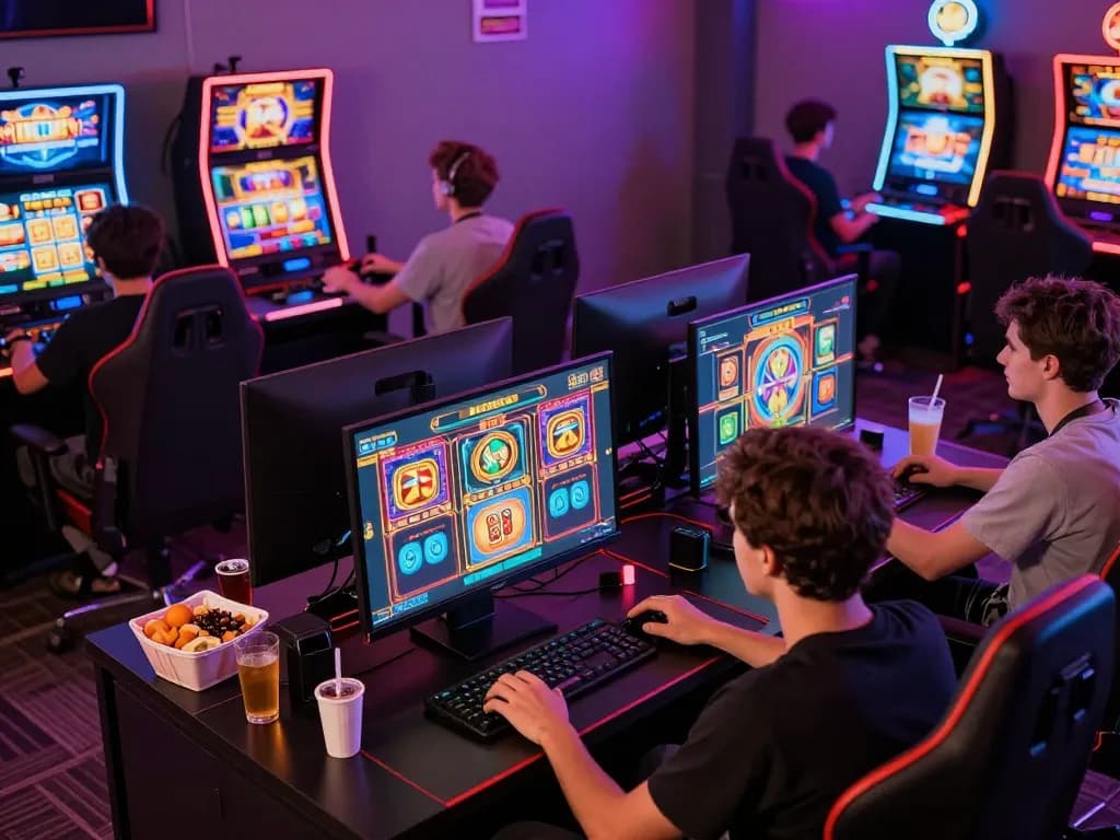 Sesi permainan slot gacor hari ini yang menarik dengan pemain yang fokus pada mesin berwarna cerah dalam suasana rumah yang hidup.