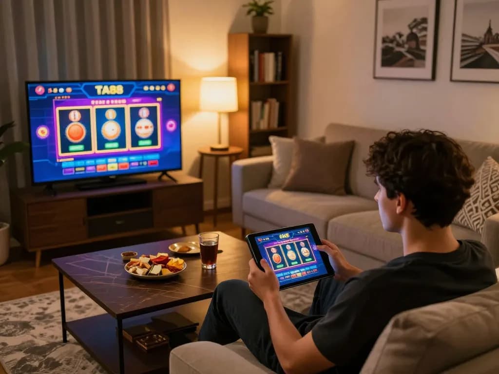 Player engaging with TA88 online casino games on a tablet in a cozy home setting, showcasing responsible gaming.