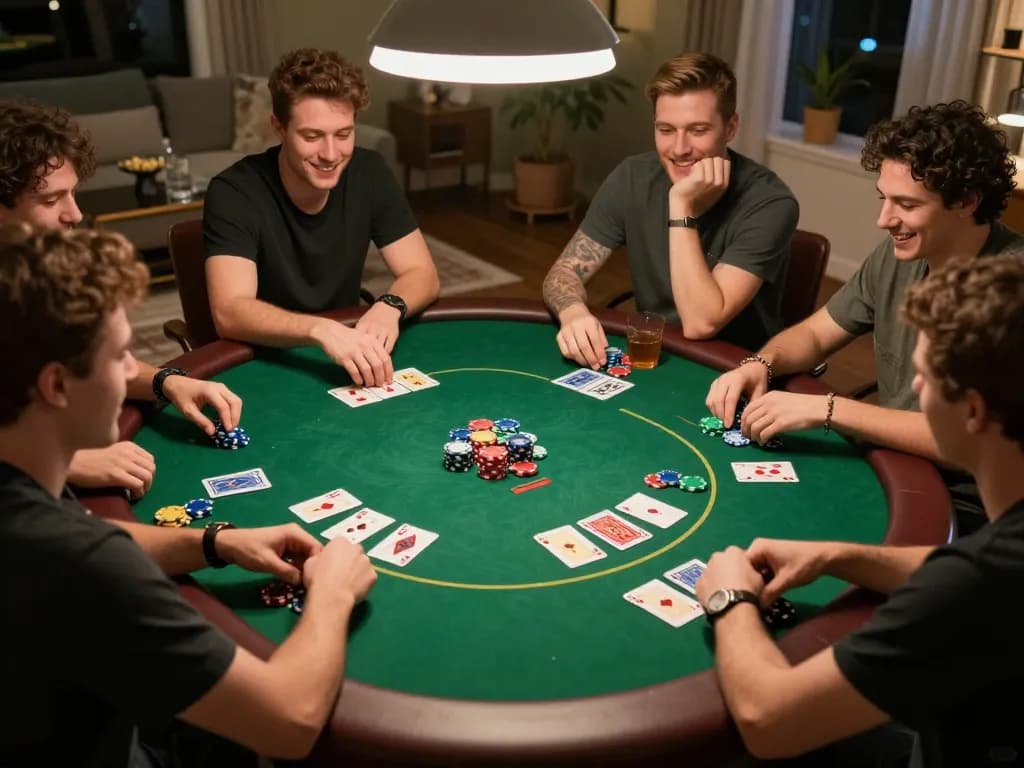 Friends engaging in an exciting poker game at home, enjoying chips and cards, showcasing BL555's vibrant gambling atmosphere.