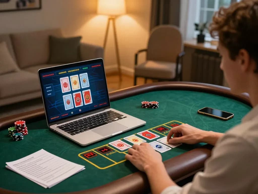 Player enjoying online casino games at home with agenslot188 on laptop, showcasing strategic gaming.