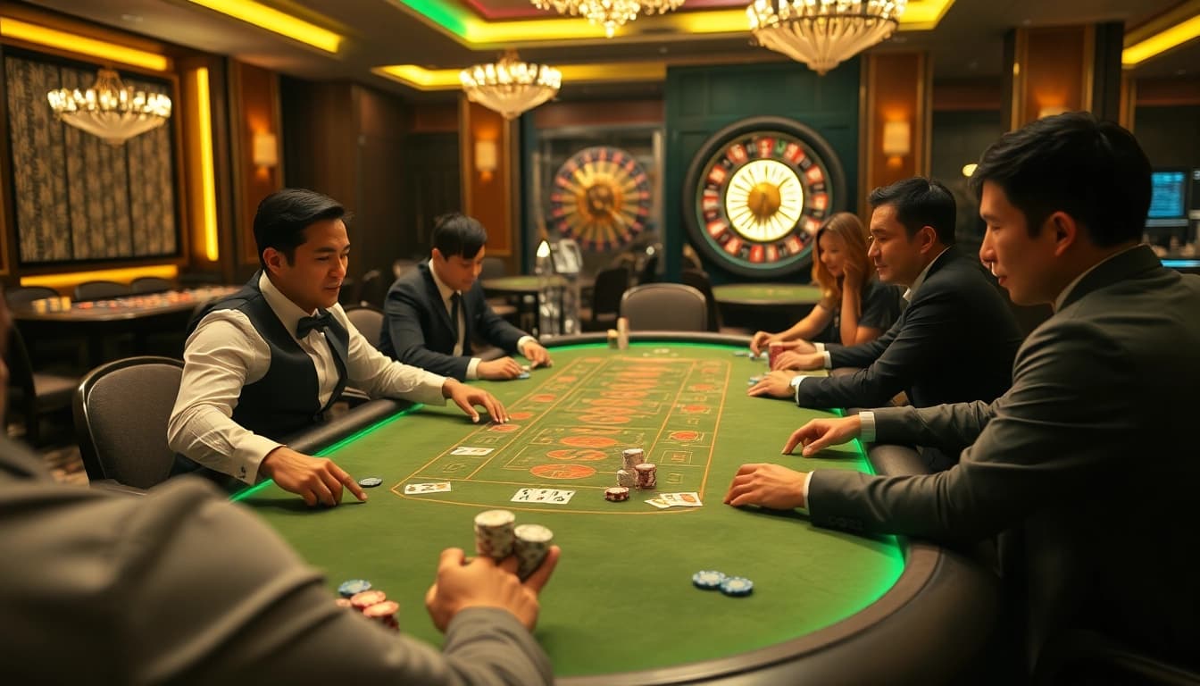 Experience the excitement at Ee88's vibrant poker game with professional dealers and engaging players.