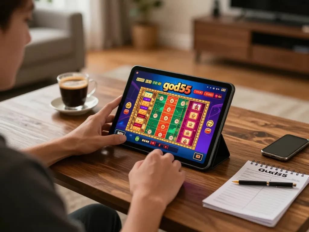 Engaging gameplay on the god55 casino app displayed on a tablet in a cozy home setting.