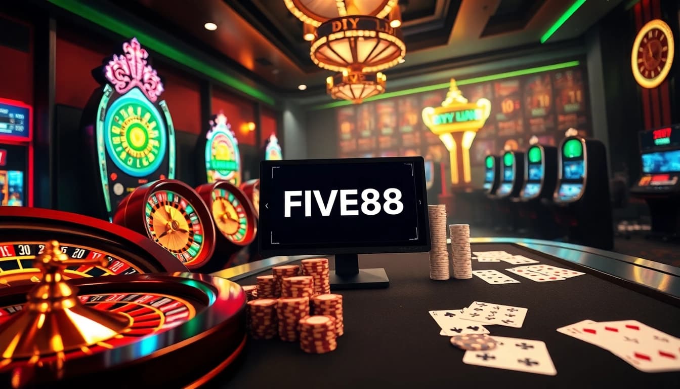 link vào five88 experience with vibrant casino elements like roulette wheels and slot machines.