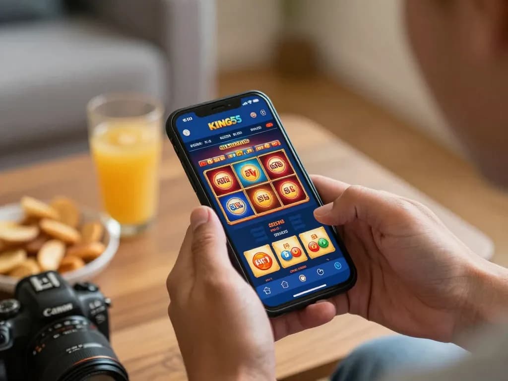 Pemain yang menggunakan aplikasi KING55 di smartphone dalam pengaturan rumah yang nyaman, menampilkan kegembiraan perjudian online.