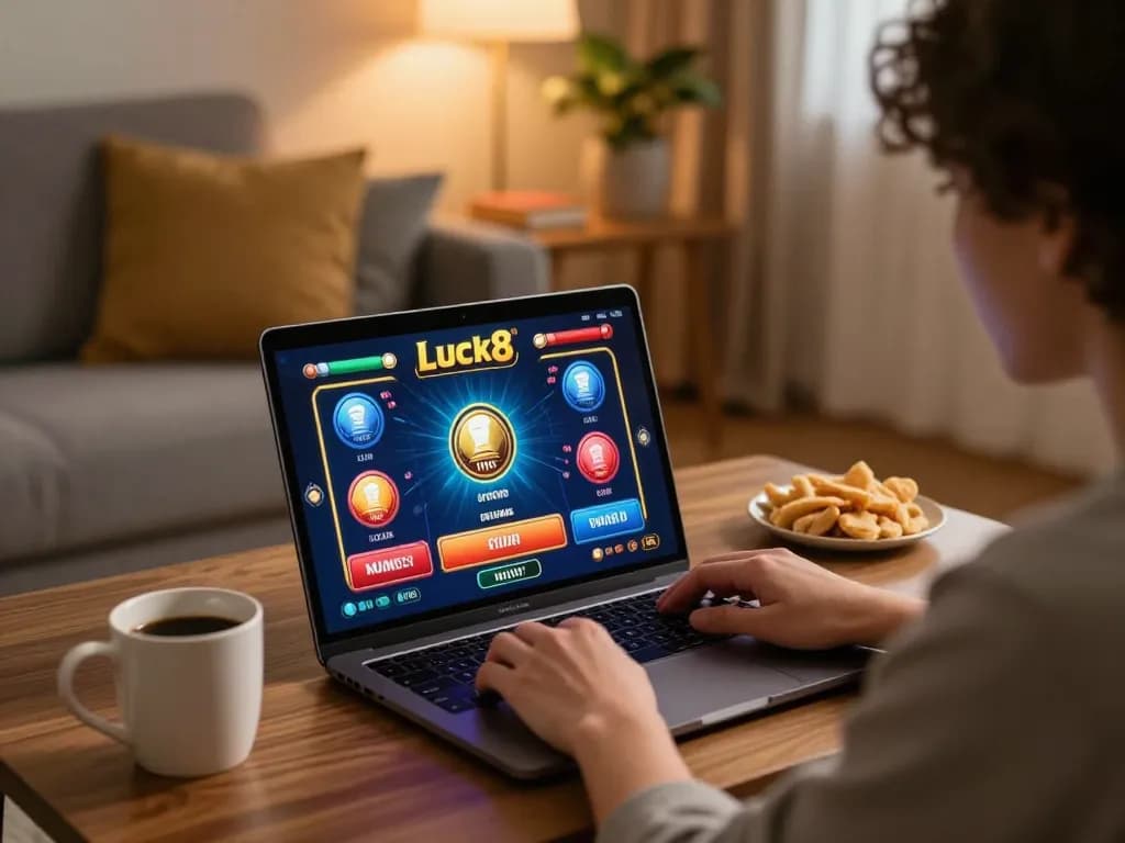 Playing games on Luck8 casino platform while enjoying a cozy home setting.