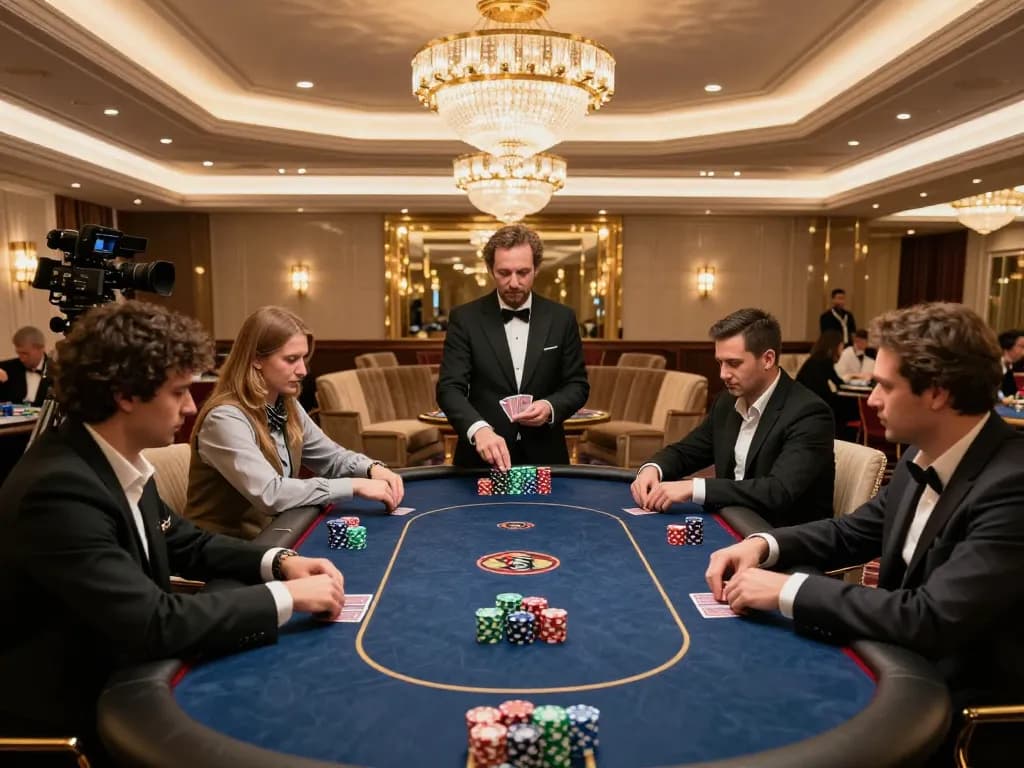 VT88 players strategizing during a high-stakes poker game in a luxurious casino environment