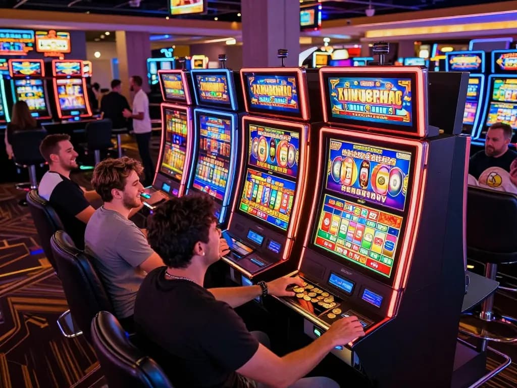 Engaging sunwin slot gaming scene with excited players enjoying vibrant machines on a casino floor