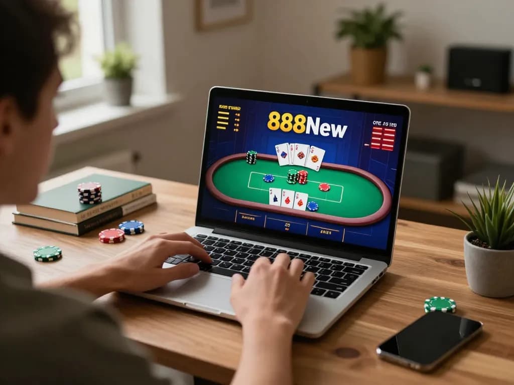 Player immersed in live gaming on 888New's platform, showcasing dynamic poker action in modern home