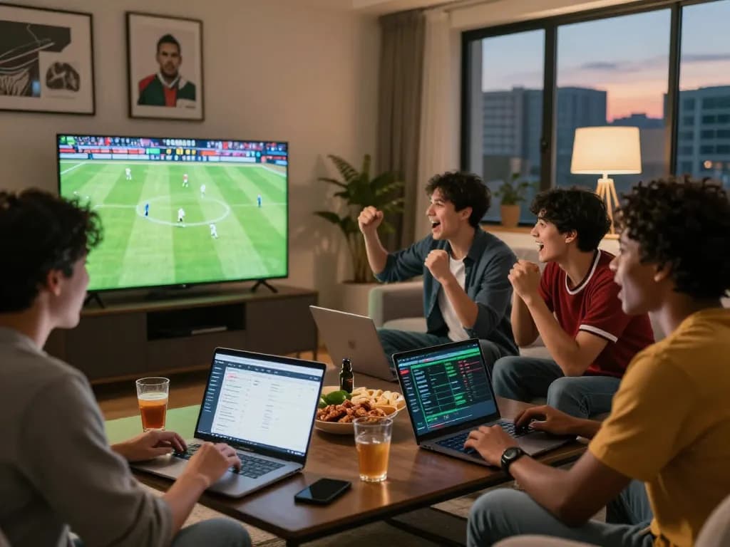 Friends enjoying the Fabet sports betting experience while watching a game together