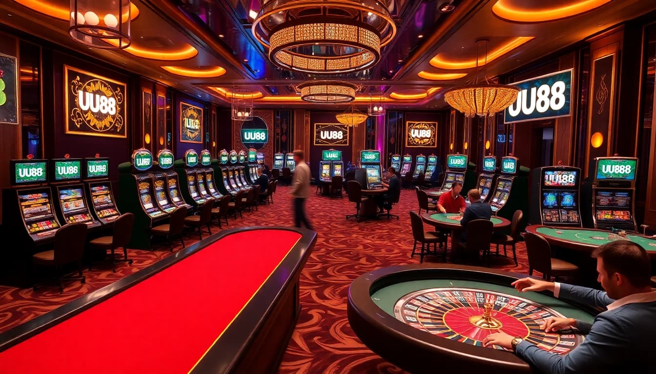 UU88 players enjoying a vibrant casino environment with poker tables and bright slot machines.