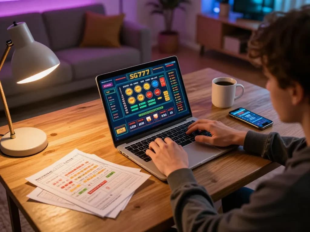 Engaging online gaming scene with SG777 gameplay on laptop, showcasing responsible entertainment setup.