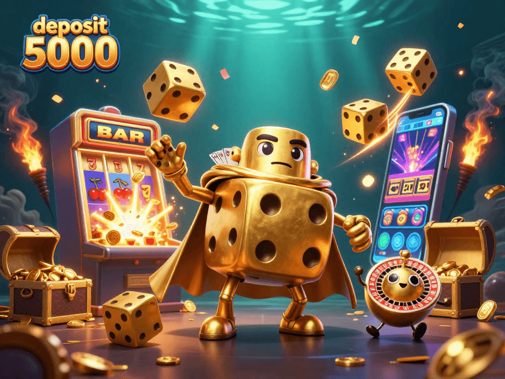 Embrace your luck with deposit 5000 at this vibrant casino scene filled with golden treasures and playful characters.
