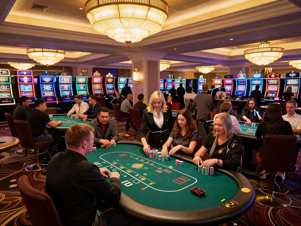 kp88 players strategizing at poker tables in a lively casino environment with vibrant atmosphere