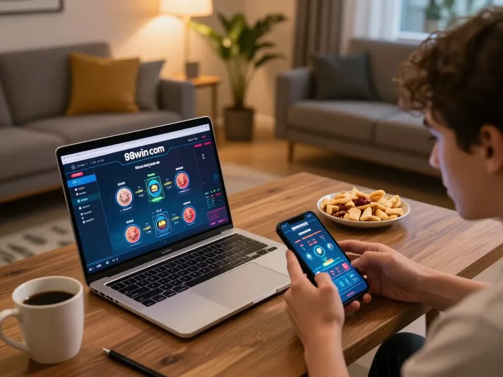 Engaged player exploring online games on 98win com with laptop and smartphone in cozy home setting