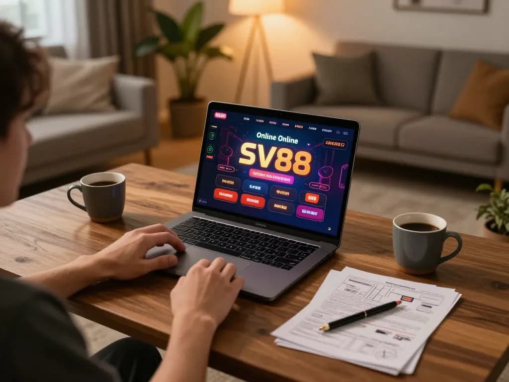 Person playing on an SV88 online casino setup, engaging with a vibrant gaming interface at home.