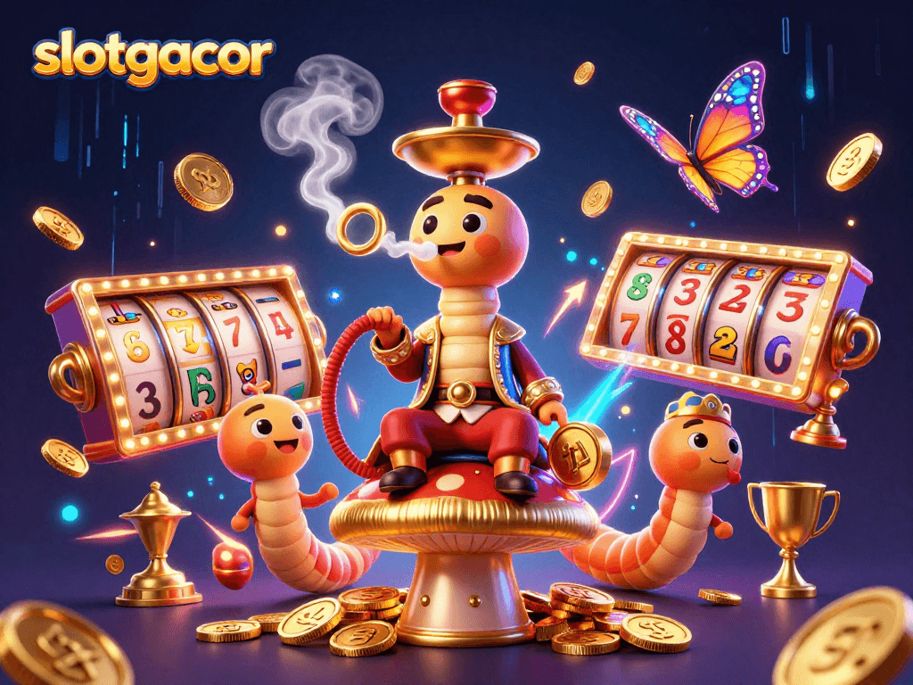 Engage with slotgacor excitement as a caterpillar master spins jackpots amid golden coins and bright slot reels.
