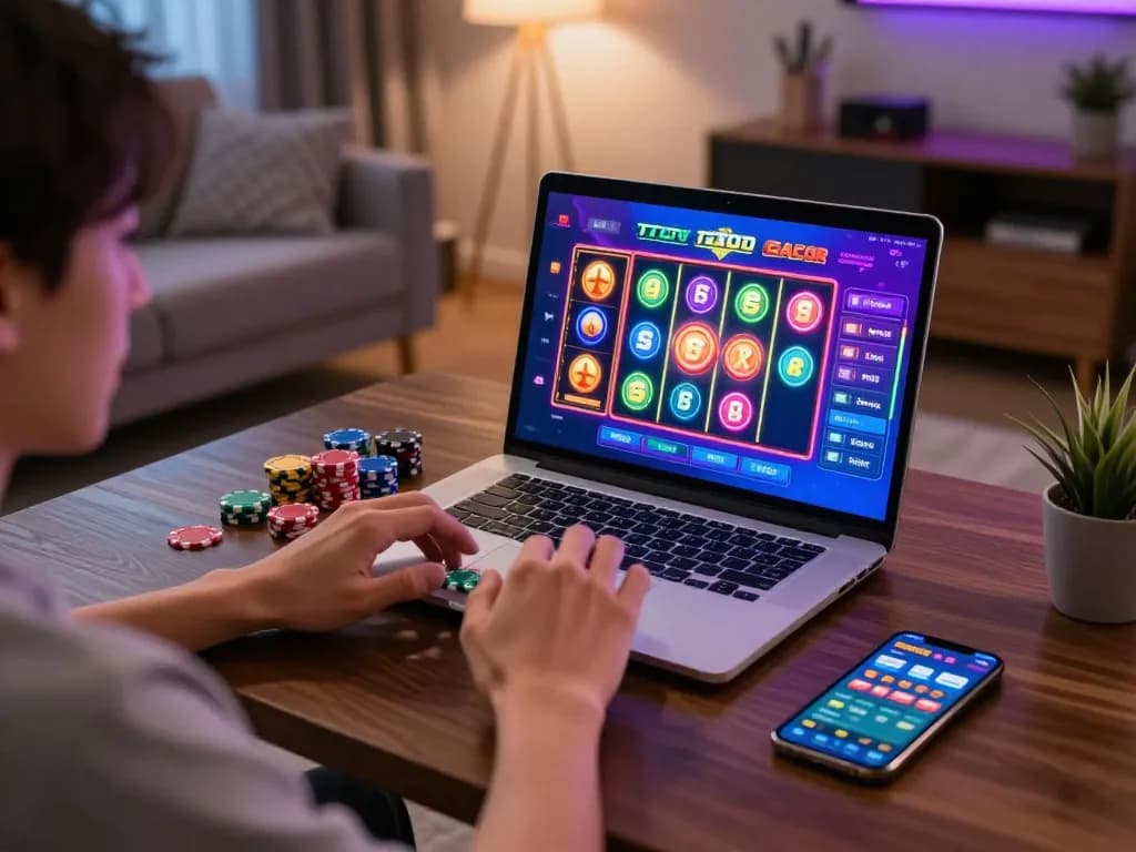 Permainan yang menarik di toto slot gacor ditampilkan di laptop, meningkatkan pengalaman kasino online.