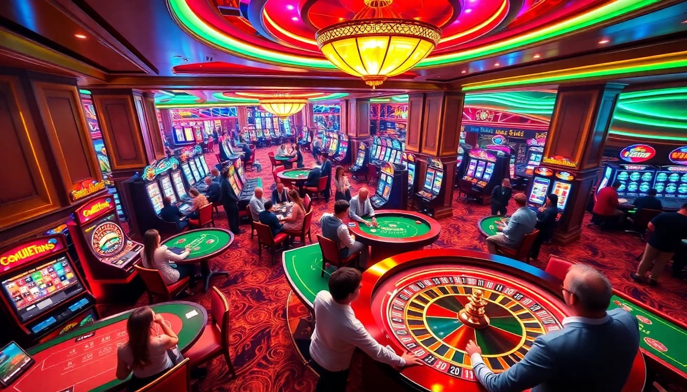 S666 casino scene with vibrant tables, excited players, and colorful slot machines.