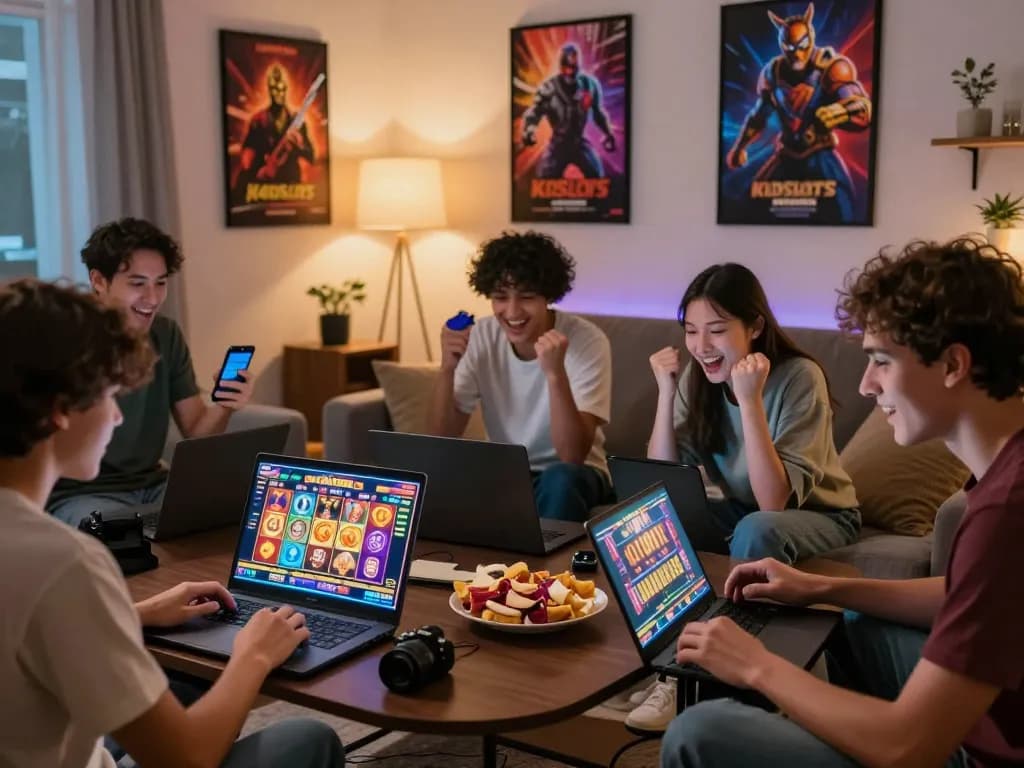 KDSlot players enjoying an exciting online gaming experience in a cozy living room, celebrating wins.