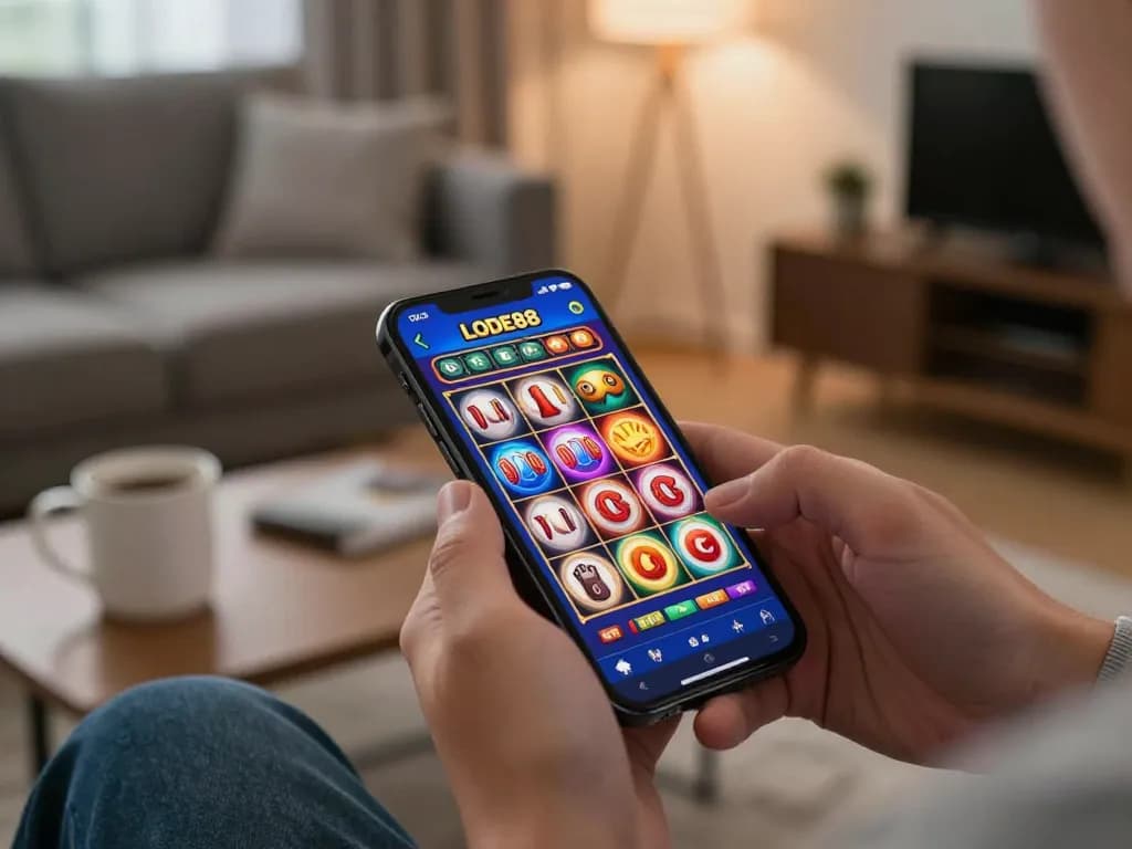 Player enjoying LODE88 mobile gaming app with vibrant slot game interface in cozy living room