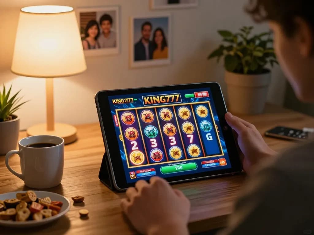 Berpartisipasi dalam aplikasi kasino online KING777 selama sesi permainan santai di rumah.