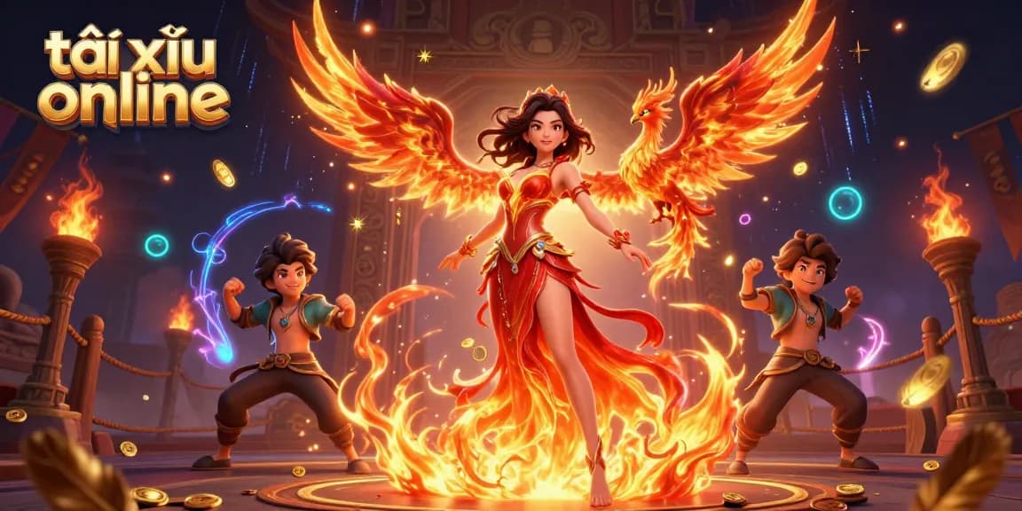 Engage in thrilling gameplay with tài xỉu online, featuring an Asian woman in a fiery gown with a phoenix, surrounded by dynamic casino elements.
