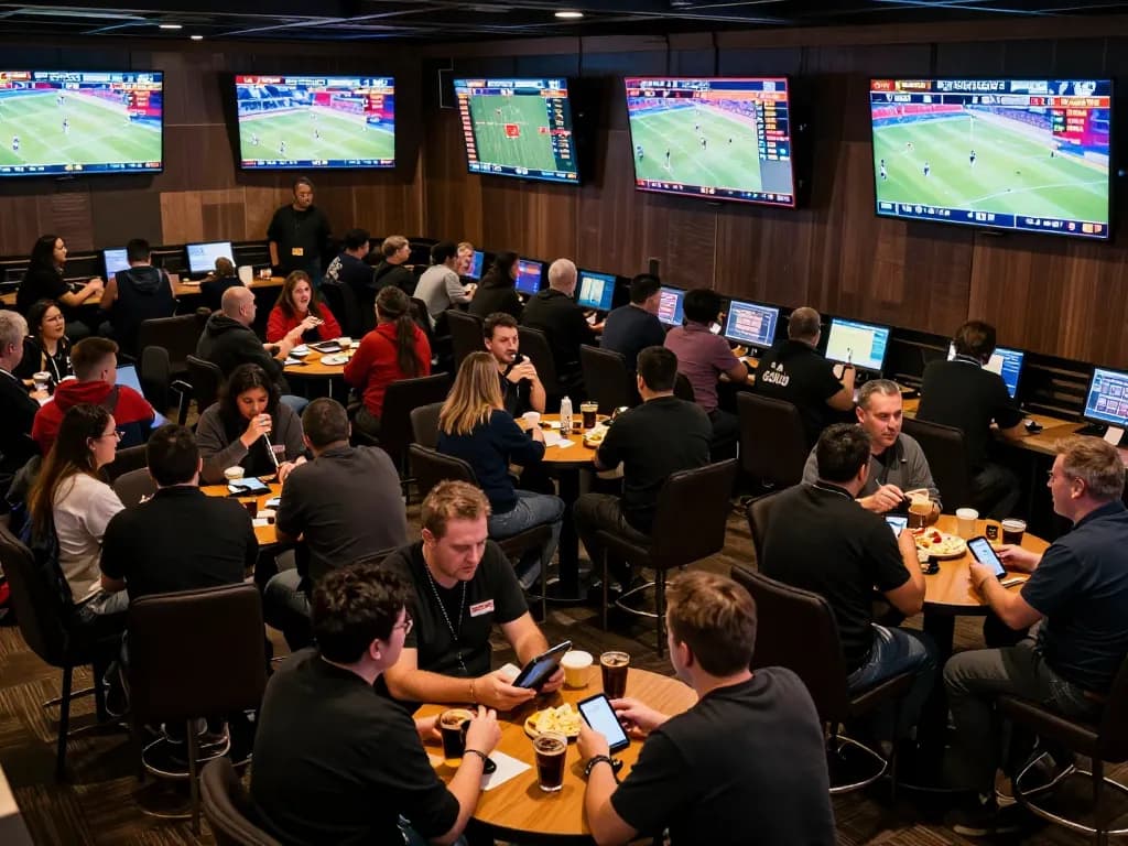 Kèo nhà cái displayed on large screens in a sports betting venue as fans cheer and place bets.