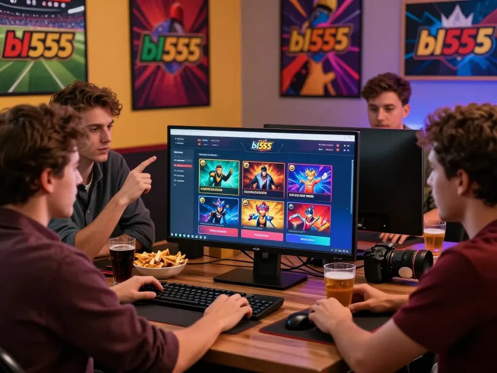 Engaging online gaming experience featuring friends using bl555 for betting, warm lighting, and vibrant sports decor.