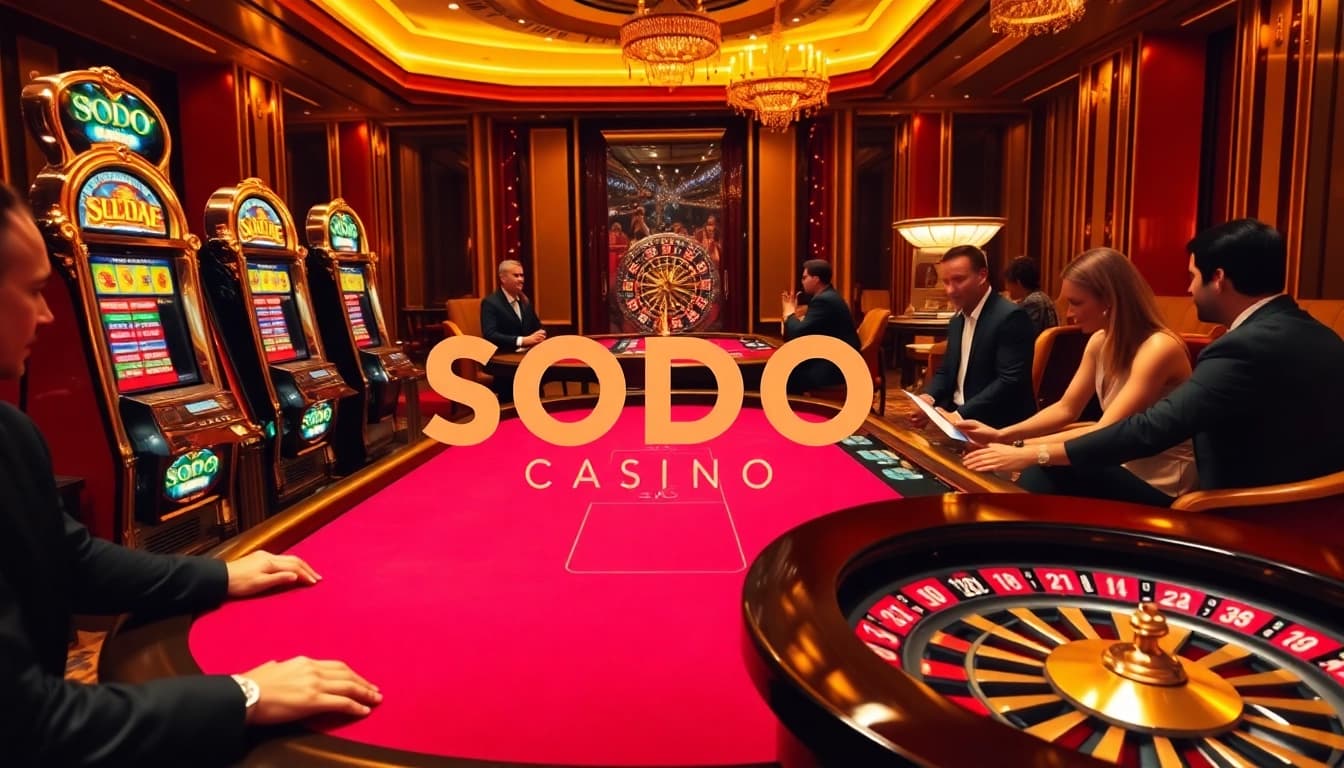SODO Casino enthusiasts engaged in thrilling gameplay at a luxurious poker table.