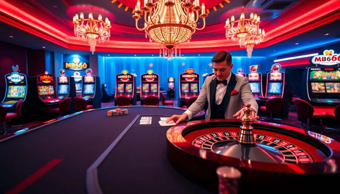 Exciting gaming scene at https://mb66-t.com/ with roulette wheels and poker chips.