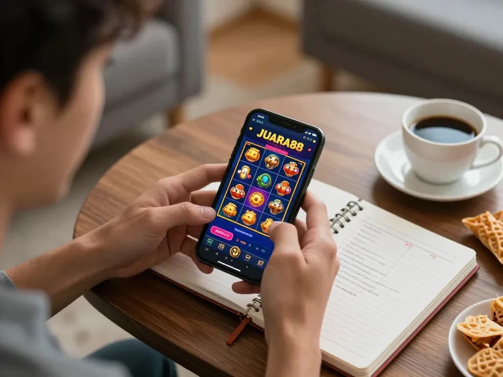 JUARA88 player immerses in online gaming strategies with vibrant slots displayed on smartphone.