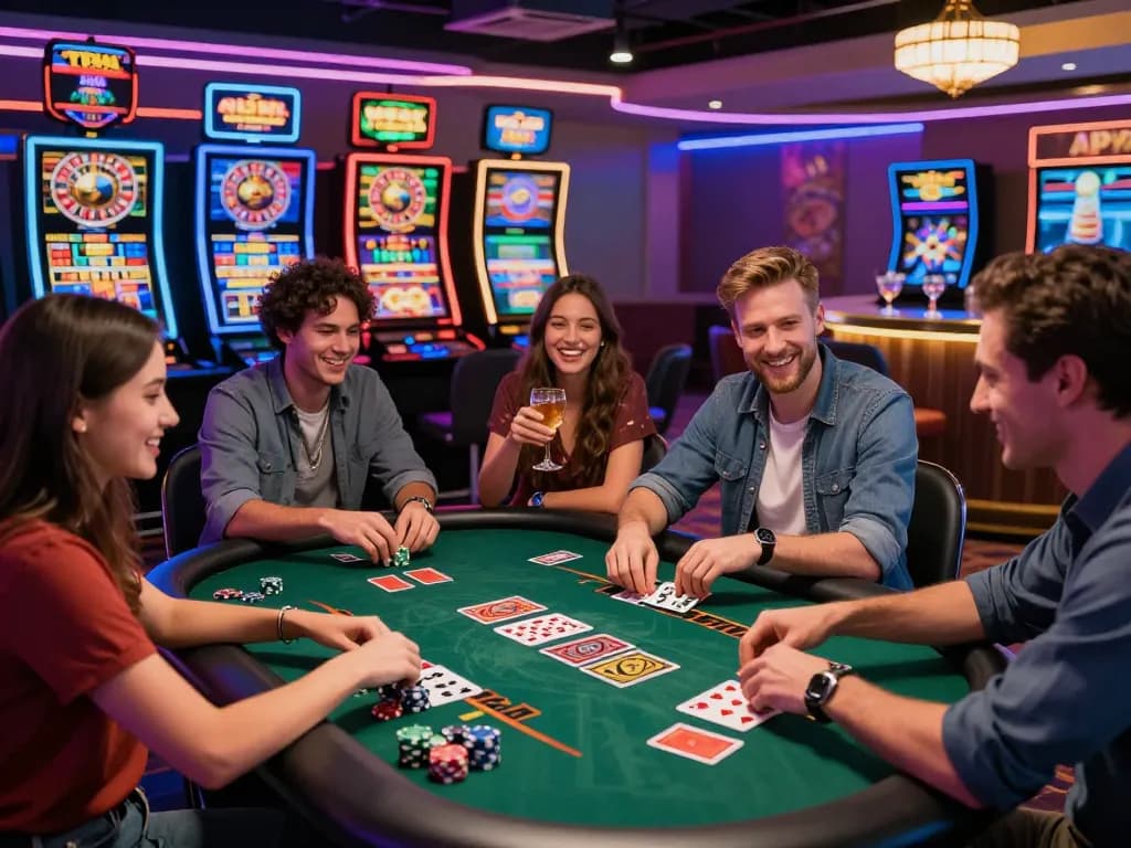Exciting gaming experience at casino mb66 with friends enjoying cards and bright ambiance.