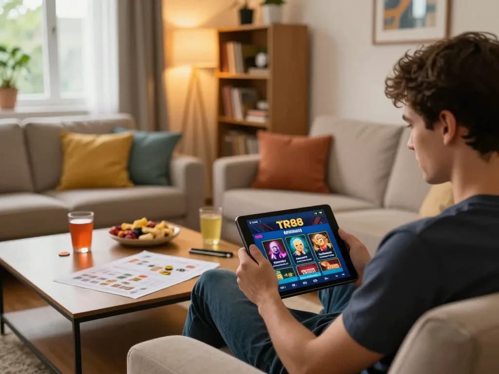 Players enjoying TR88 online casino app in a cozy living room setting, highlighting strategic gaming.