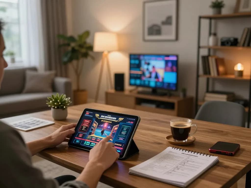 Engaged player enjoying online gaming at https://mk8th.net/ with cozy home decor and strategy notes.