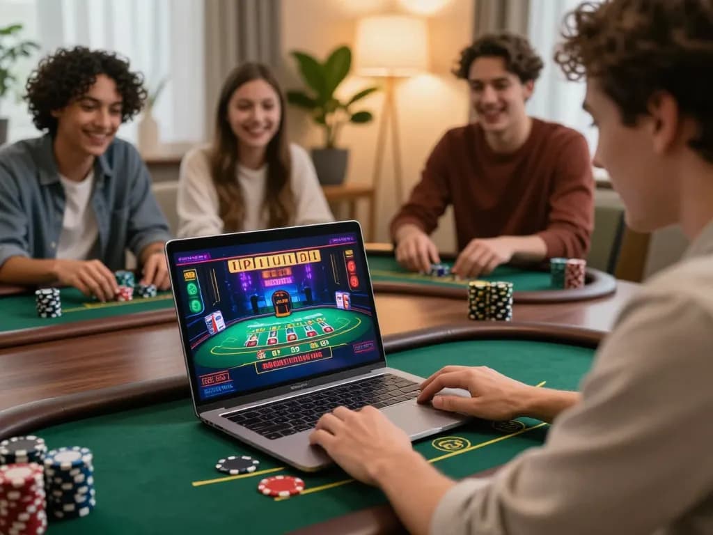 Kuwin user engaging in an online blackjack game at home with friends, showcasing interactive gambling fun.