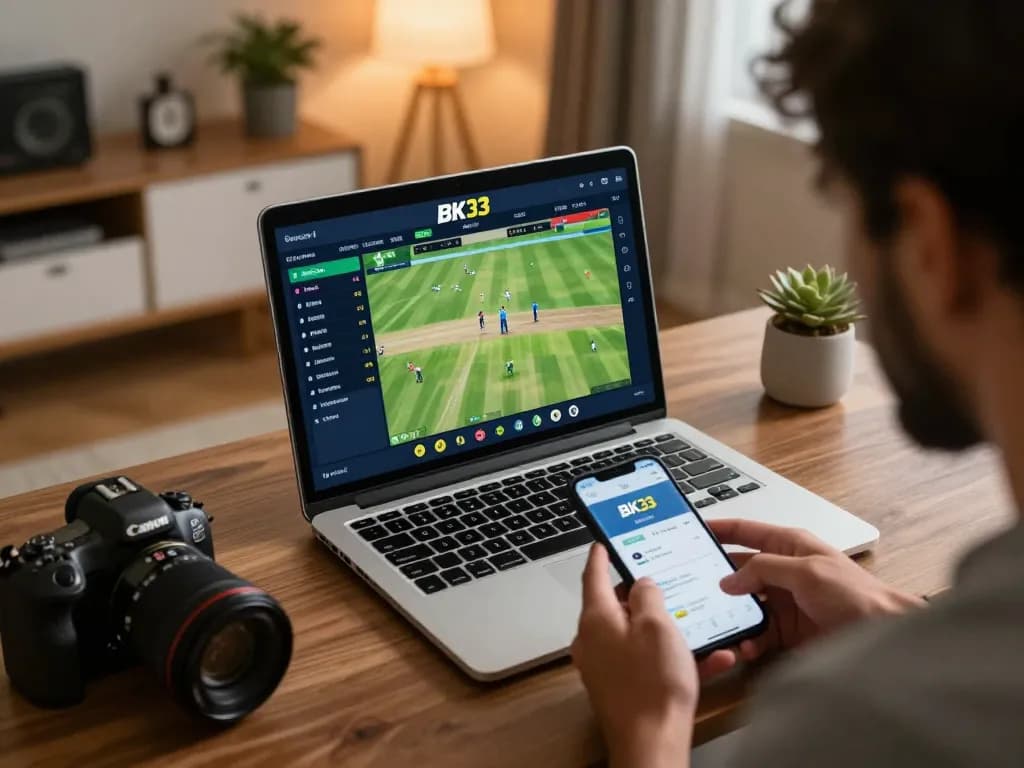 Engaging user placing bets on BK33 during a live cricket match for an exciting online betting experience.