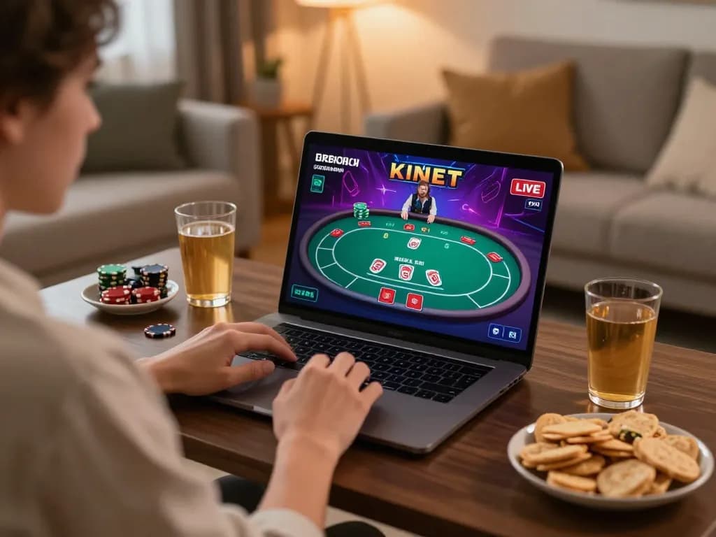 Player engaging with GG88 online casino on laptop, creating a cozy and strategic gambling environment.