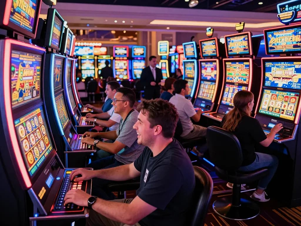 Exciting action at link slot machines in a bustling casino, players celebrating wins with bright digital screens.