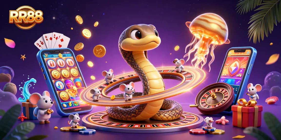 RR88 casino illustration with a cosmic dealer, astronaut mice betting on a roulette wheel made of Saturn rings.