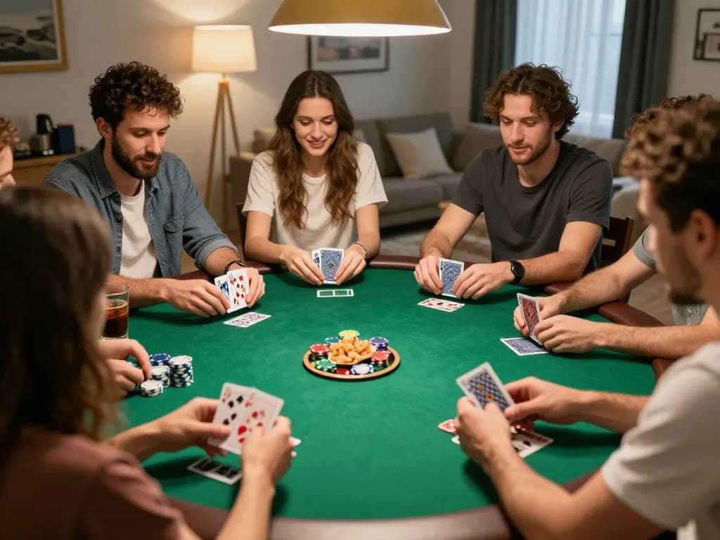 Engaging poker night scene with friends discussing strategy while playing kerajaanslot.