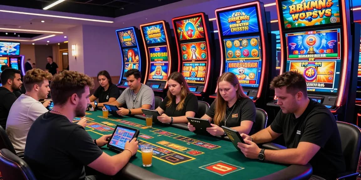 Diverse players enjoying bonus buy slots at a modern casino, showcasing vibrant screens and an exciting atmosphere.