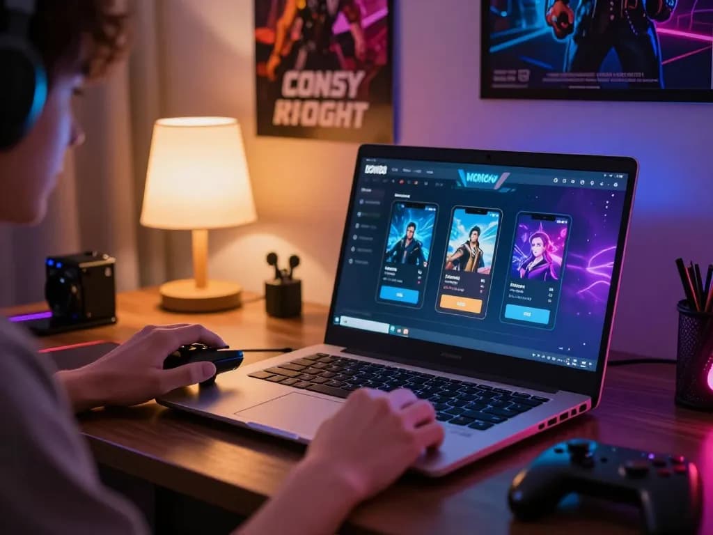 Pengguna BOM88 terlibat dalam permainan mobile dengan antarmuka yang kaya warna di setup rumah, menunjukkan kegembiraan online.