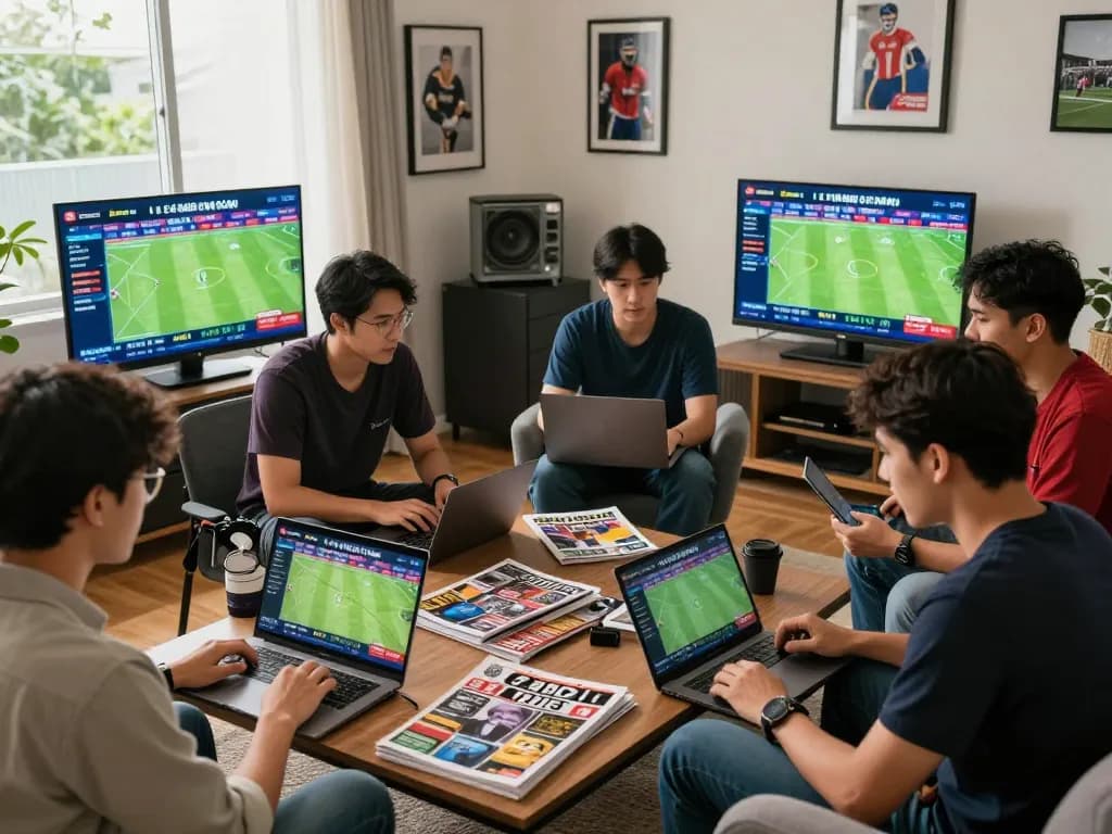 Exciting moment of bettors analyzing kèo nhà cái updates in a lively living room.