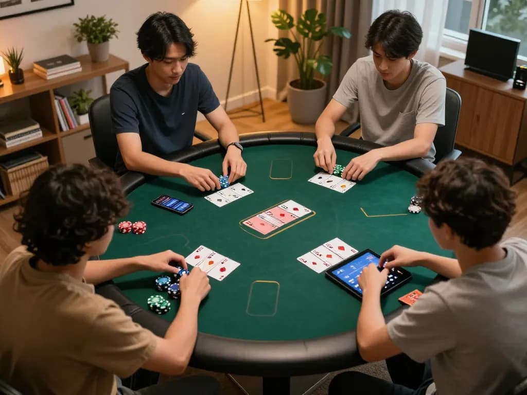Kuwin online poker game strategy at home with players engaged and betting options visible.