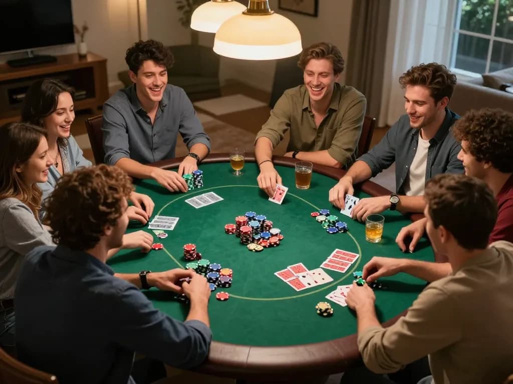 House friends participating in a friendly poker game at home, showcasing excitement and strategy at nhà cái 8xbet.
